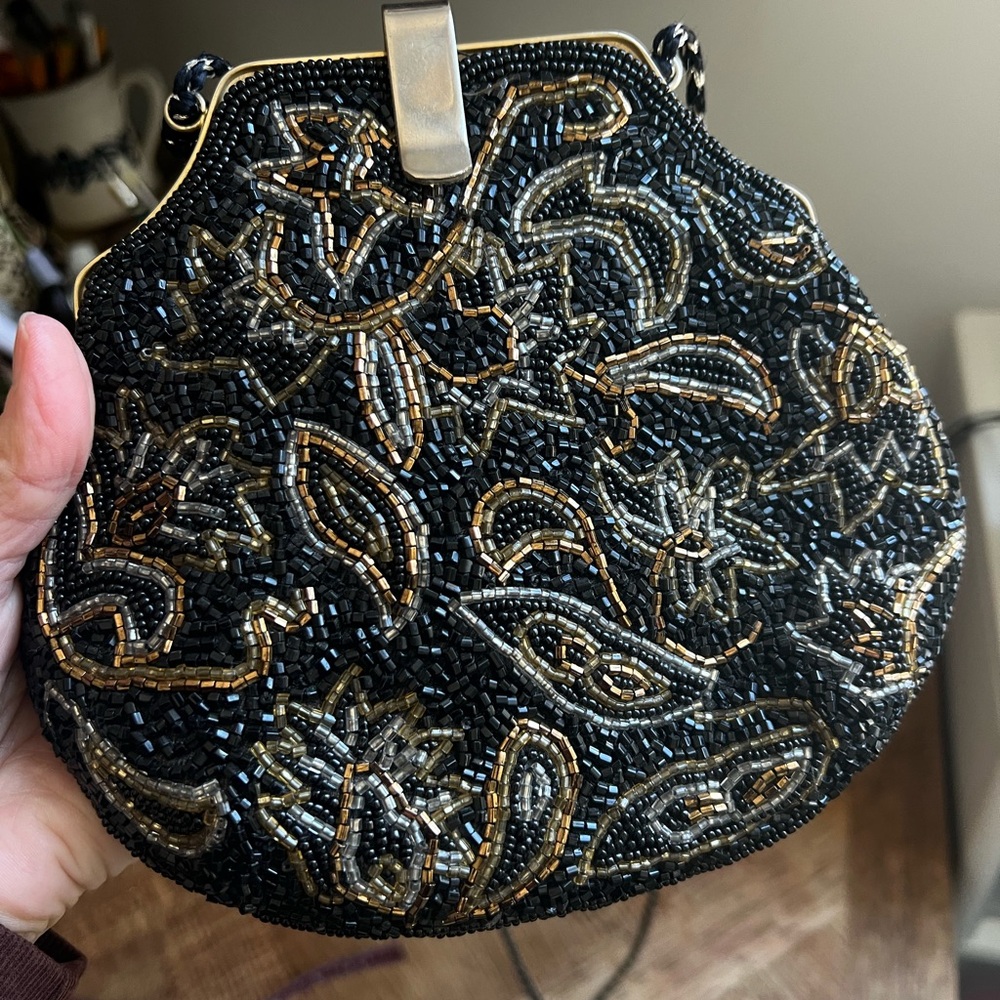 Elegant Black and Gold Beaded Women's Bag